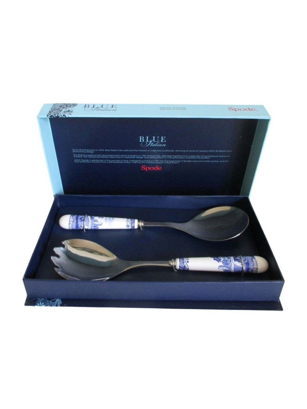 Spode Blue Italian Salad Servers Set - Porcelain Handles & Stainless Steel - Ele